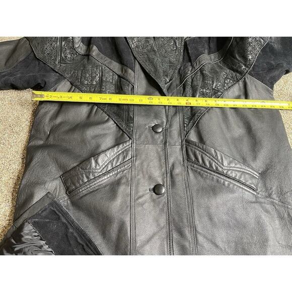 Vintage 80s Outbrook Leather Trench Coat Car Jacket Navajo Tribal Size 2XL - Picture 10 of 10